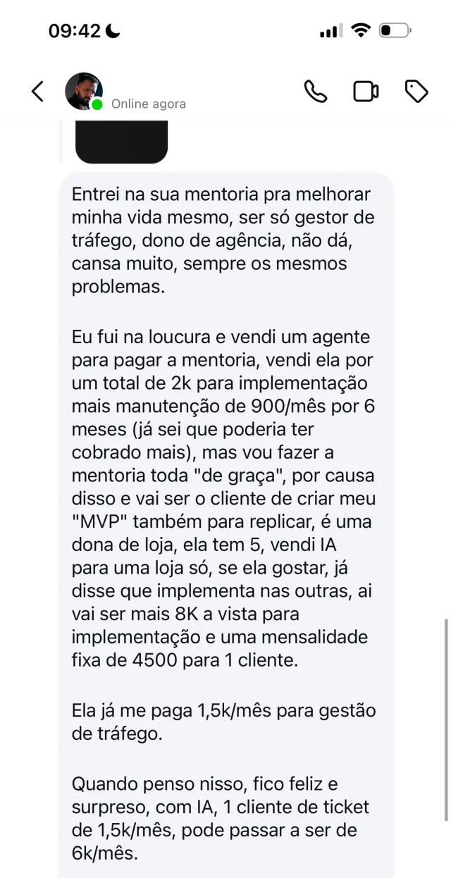 Mensagem 1 de aluno ou mentorado, reproduzida da página Workshop