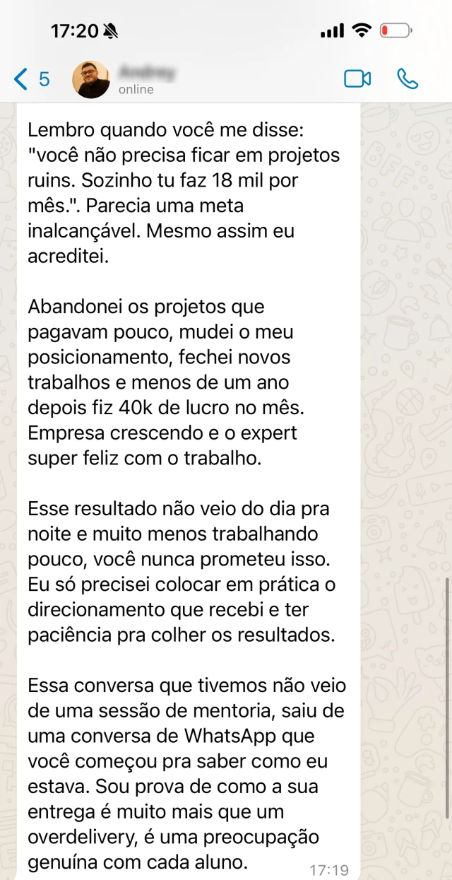 Mensagem 6 de aluno ou mentorado, reproduzida da página Workshop
